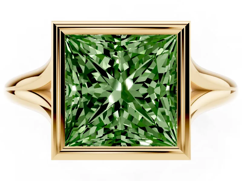 Fancy Green Bezel Set Princess Cut Diamond Solitaire Ring Set in Yellow gold with Tapered Band