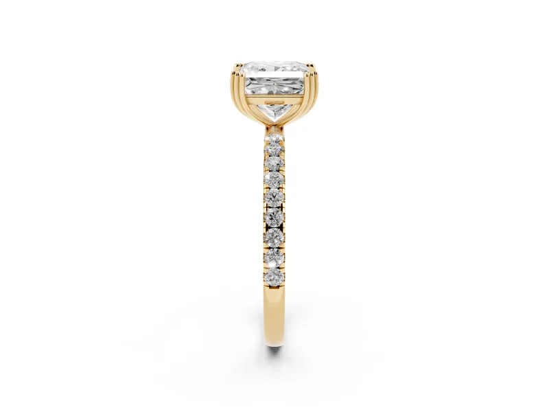 Princess Cut Pave Solitaire Engagement Ring Setting | Double Claw Prongs | Yellow Gold