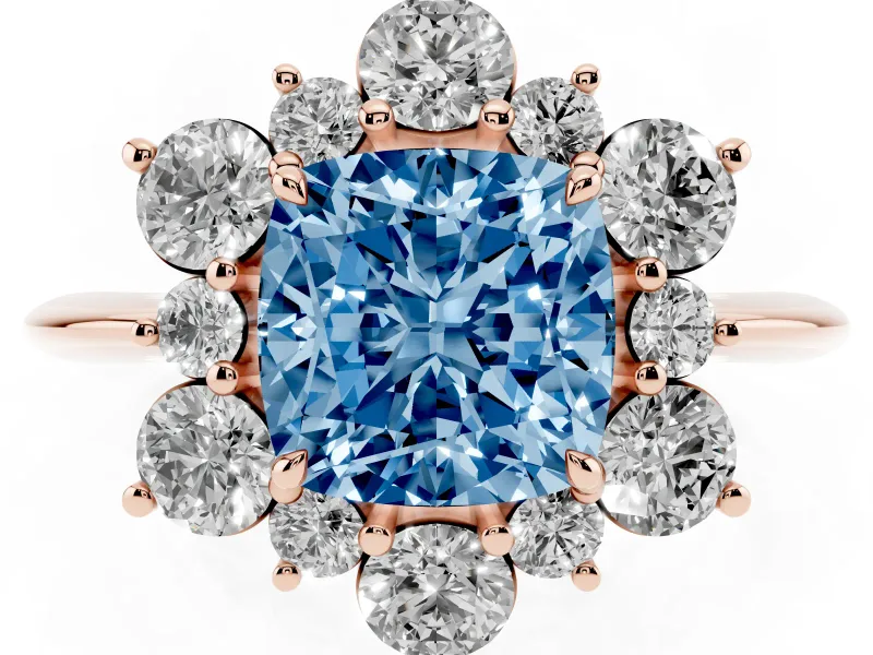 Cushion Cut Cluster Halo Engagement Ring Setting for a Fancy Blue Lab-Grown Diamond | Rose Gold