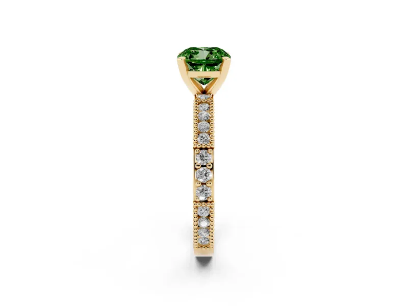 Cushion Cut Vintage Pavé Engagement Ring Setting for a Fancy Green Lab-Grown Diamond | Yellow Gold
