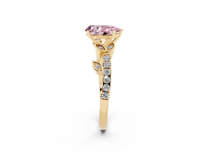 Fancy Pink Pear Cut Diamond Solitaire Leaf-Inspired Ring Set in Yellow gold with Pavé Band and Prong Setting