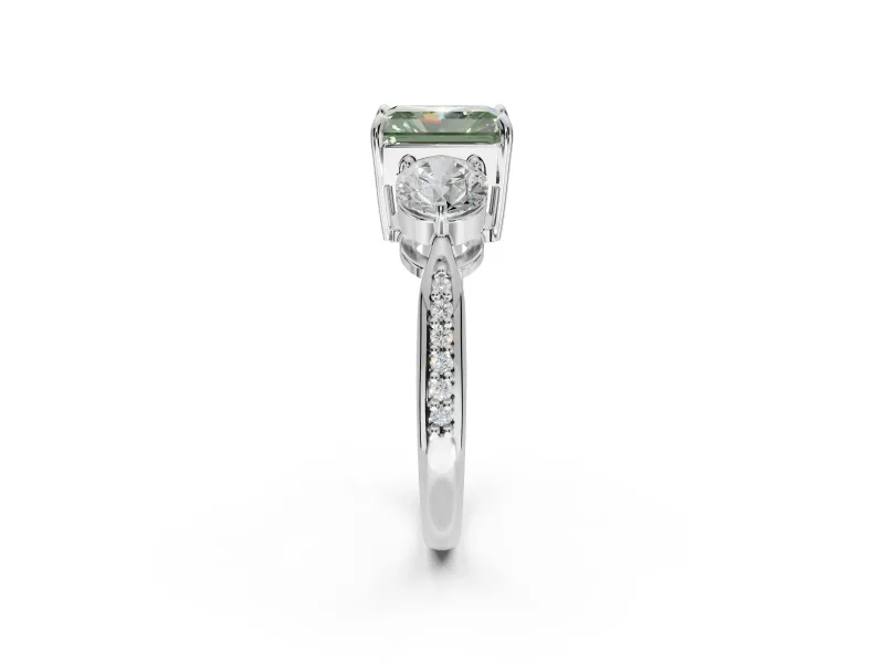 Radiant Cut Three Stone Engagement Ring Setting for a Fancy Green Lab-Grown Diamond | Tapered Pave Band | Platinum