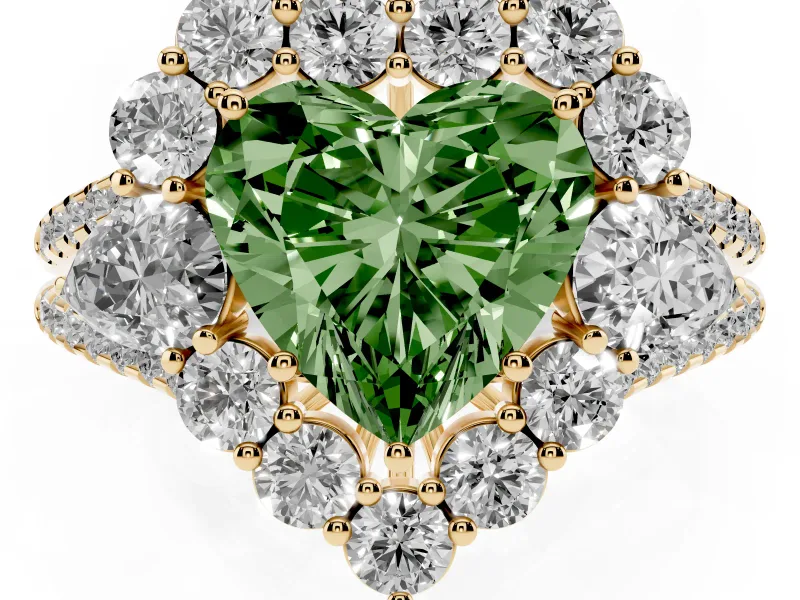 Heart-Shaped Scalloped Halo Engagement Ring Setting for a Fancy Green Lab-Grown Diamond | Pear Side Stones | Yellow Gold