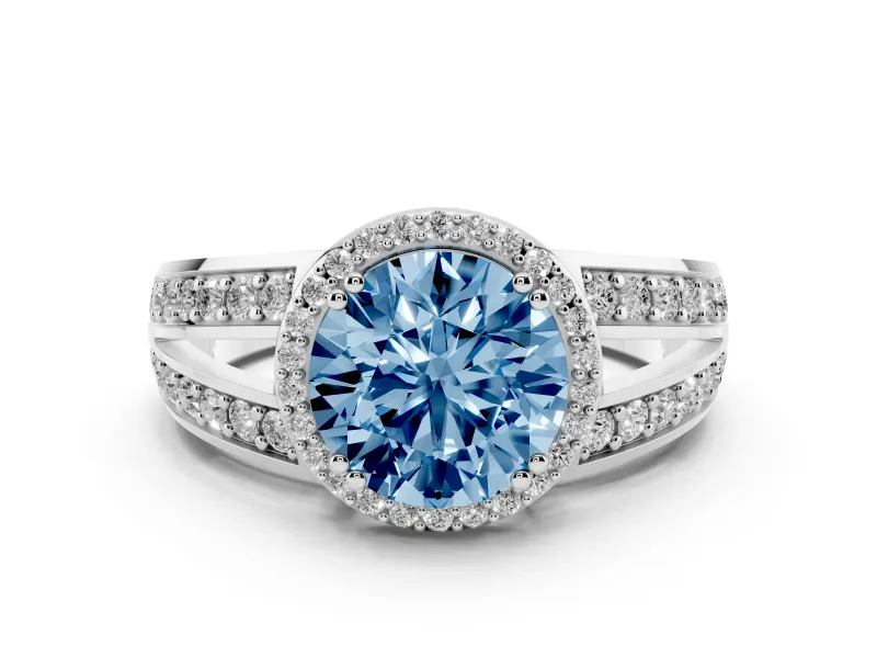 Fancy Blue Round Cut Diamond Halo Ring Set in White gold with Double Pavé Split Shank