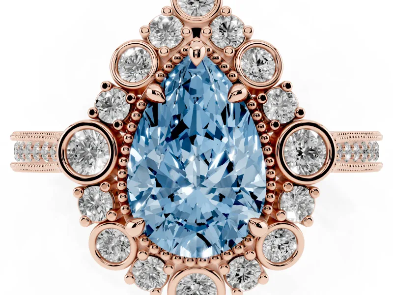 Pear-Shaped Scalloped Halo Engagement Ring Setting for a Fancy Blue Lab-Grown Diamond | Milgrain Edges | Rose Gold