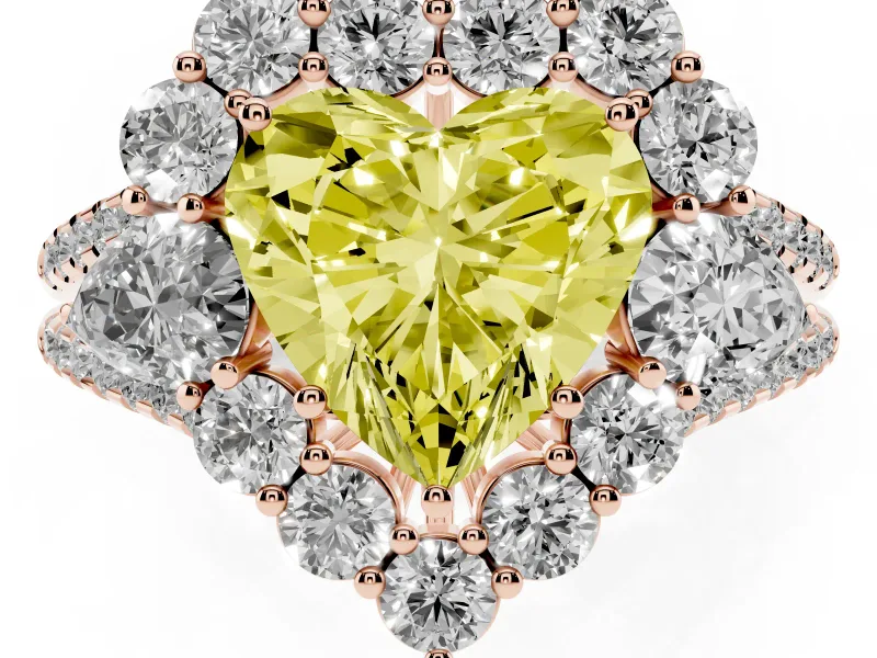 Fancy Yellow Heart Cut Diamond Halo Split Shank Engagement Ring Set in Rose gold with Prong-Held Center Stone