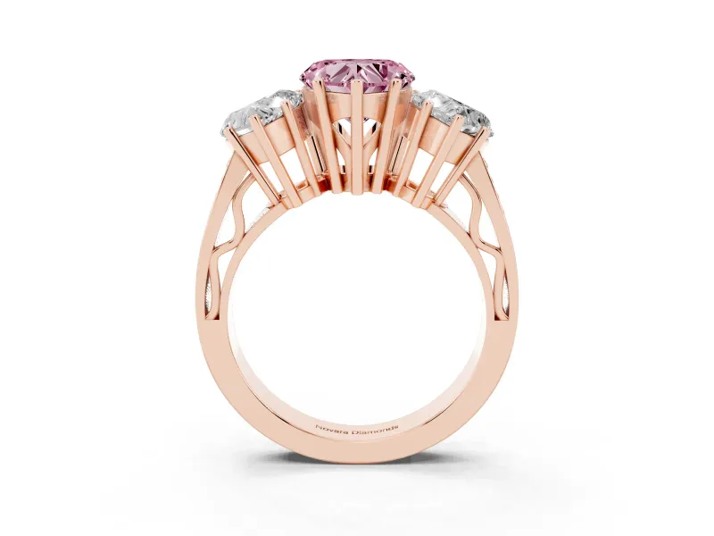 Heart-Shaped Three Stone Engagement Ring Setting for a Fancy Pink Lab-Grown Diamond | Beaded Shoulders | Rose Gold