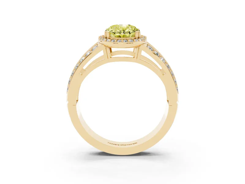 Fancy Yellow Oval Cut Diamond Halo Ring Set in Yellow gold with Double Pavé Split Shank