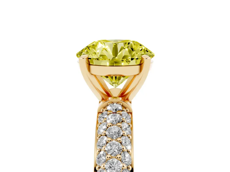 Fancy Yellow Round Cut Diamond Solitaire Ring Set in Yellow gold with Prong Setting and Pavé-Set Band