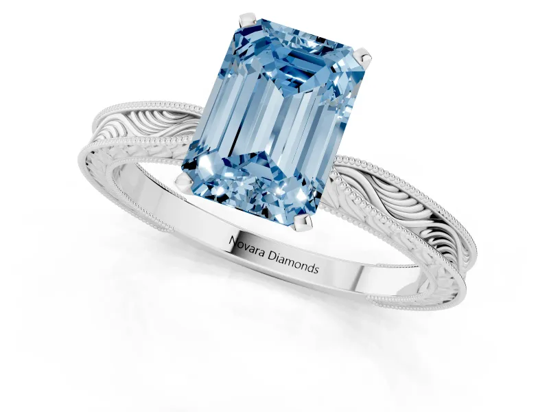 Fancy Blue Emerald Cut Diamond Solitaire Milgrain Engraved Band Set in Silver with Prong Setting