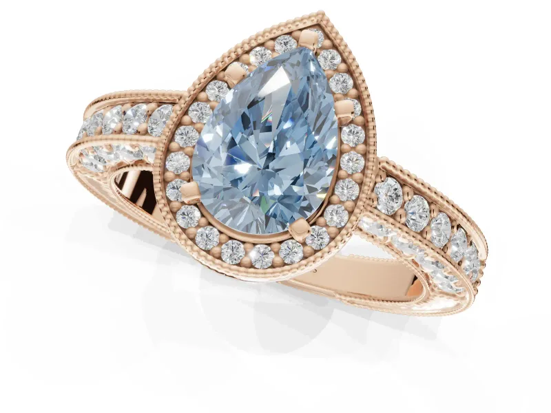 Pear-Shaped Milgrain Halo Engagement Ring Setting for a Fancy Blue Lab-Grown Diamond | Wide Pavé Band | Rose Gold