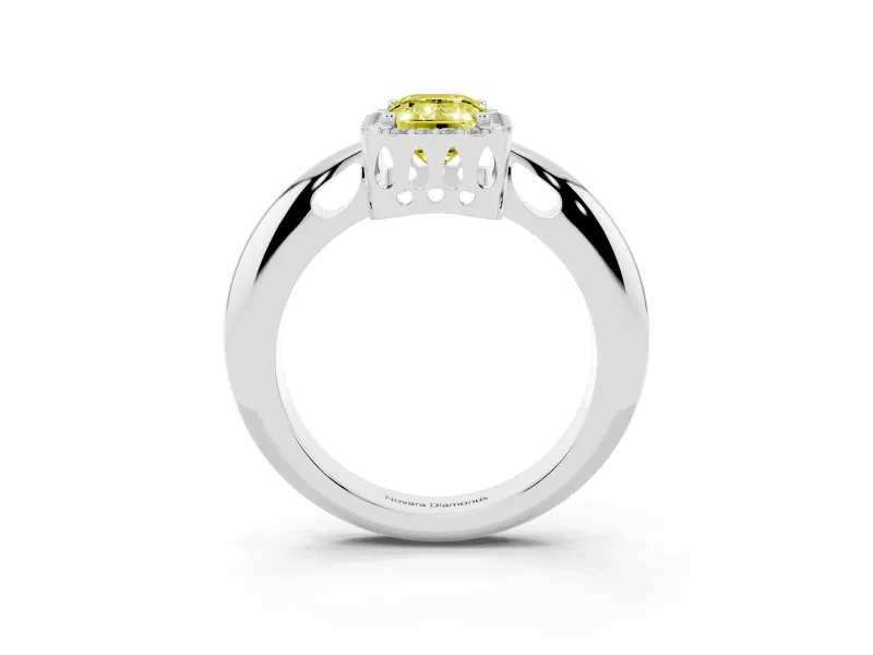 Fancy Yellow Emerald Cut Diamond Halo Engagement Ring Set in Platinum with Plain Split Shank and Prong Setting