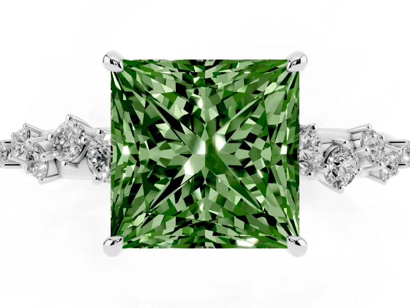 Fancy Green Princess Cut Diamond Cluster Solitaire Ring Set in Platinum with Prong Setting