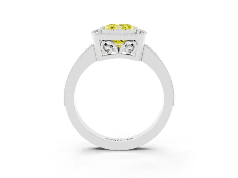 Fancy Yellow Cushion Cut Diamond Halo Ring Set in Silver with Pavé Band and Milgrain-Edged Prongs