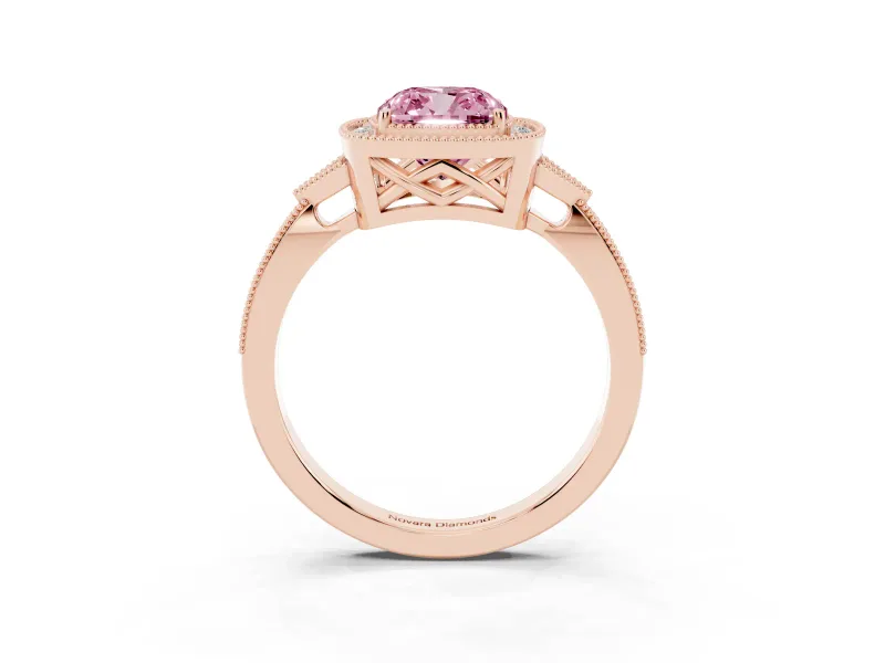 Fancy Pink Cushion Cut Diamond Halo Engagement Ring Set in Rose gold with Milgrain Pavé Band