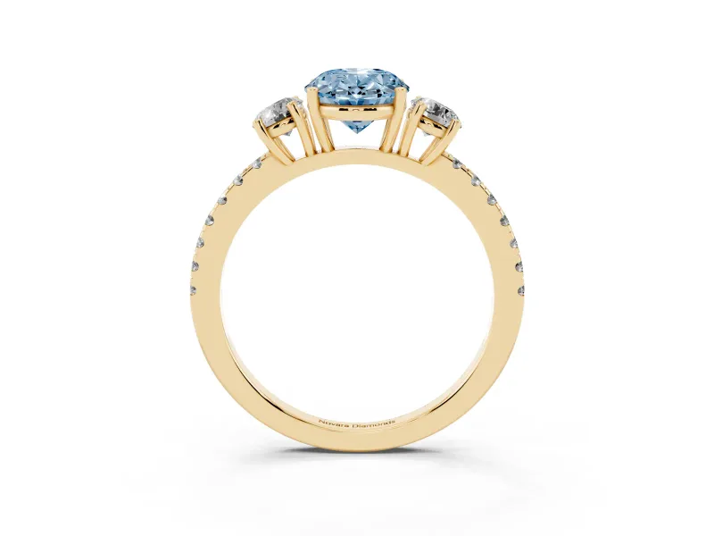 Oval Three Stone Engagement Ring Setting for a Fancy Blue Lab-Grown Diamond | Pave Shoulders | Yellow Gold