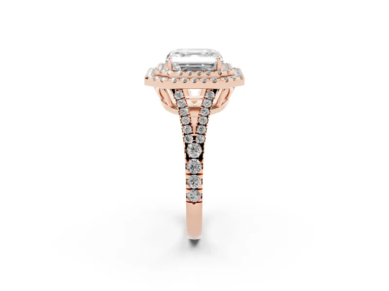 Asscher Cut Double Halo Split Shank Engagement Ring Setting | Pavé Shoulders | Rose Gold