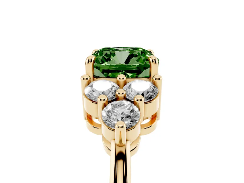 Fancy Green Cushion Cut Diamond Solitaire Ring Set in Yellow gold with Cluster Accents on Each Side