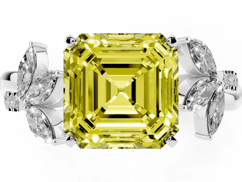 Fancy Yellow Asscher Cut Diamond Floral Vine Solitaire Engagement Ring Set in White gold with Marquise Leaves