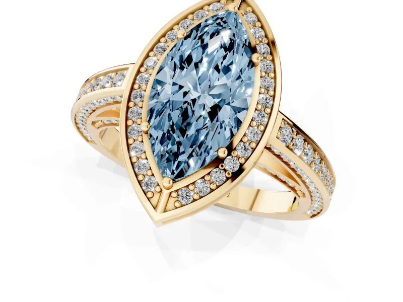 Fancy Blue Marquise Cut Diamond Halo Pavé Split Shank Ring Set in Yellow gold with Prong Setting