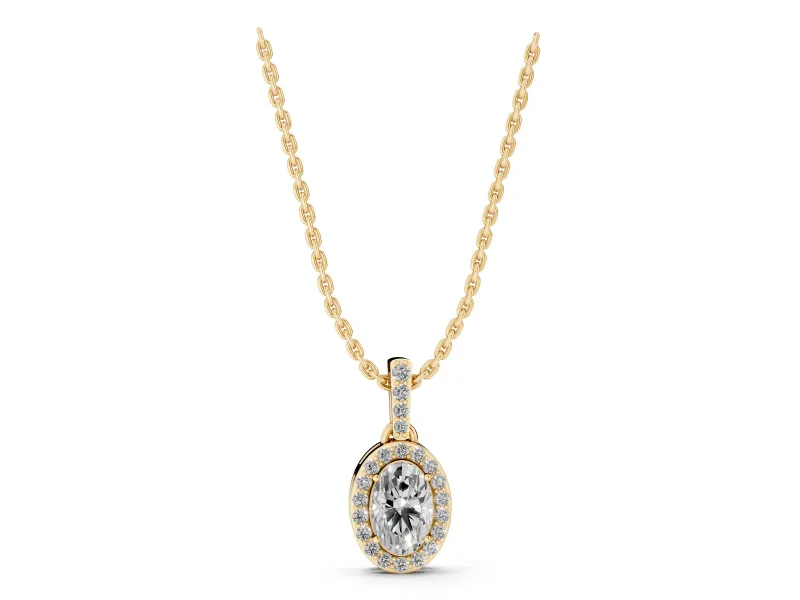 Oval Lab-Grown Diamond Pavé Halo Pendant Necklace | Pavé Bail | Yellow Gold