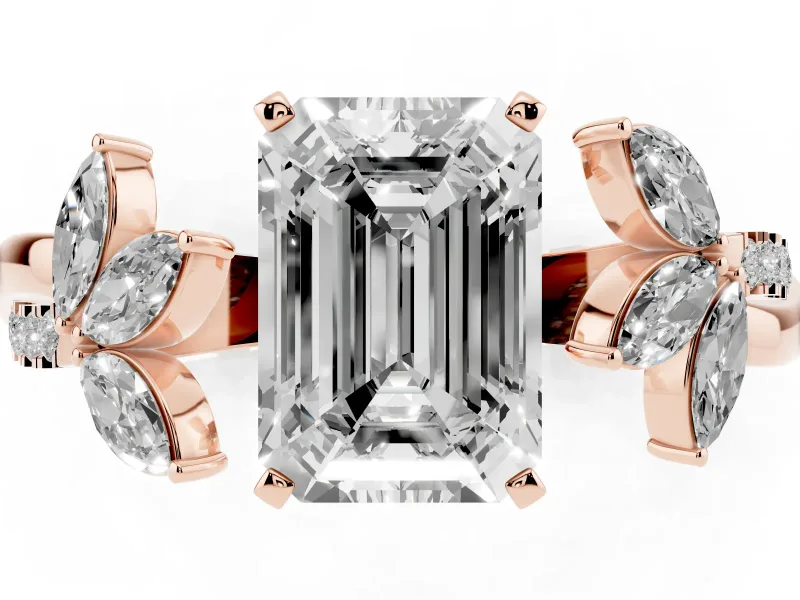 Emerald Cut Diamond Floral Vine Solitaire Engagement Ring Set in Rose gold with Marquise Leaves