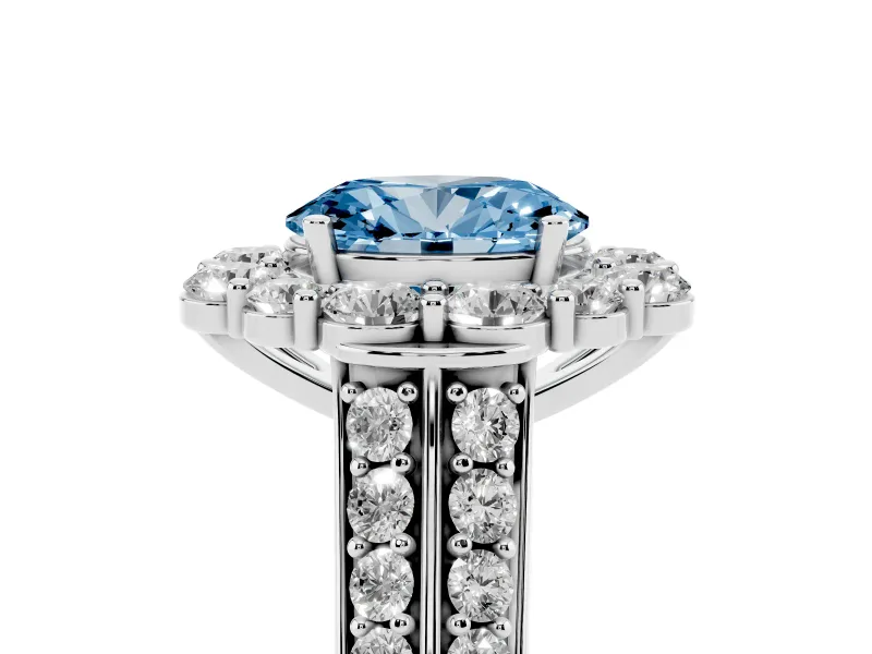 Fancy Blue Oval Cut Diamond Halo Engagement Ring Set in Silver with Split Shank and Prong Setting