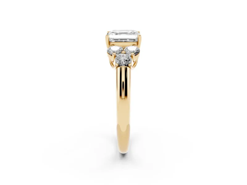 Asscher Cut Diamond Cluster Ring Set in Yellow gold with Round Accent Stones and Prong Setting on a Plain Band