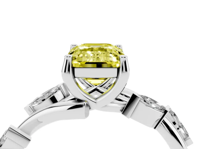 Fancy Yellow Emerald Cut Diamond Solitaire Ring Set in Silver with Twisted Marquise Accent Band