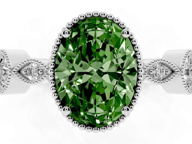 Fancy Green Oval Cut Diamond Vintage-Inspired Milgrain Ring Set in White gold with Marquise Stations of Round Accents
