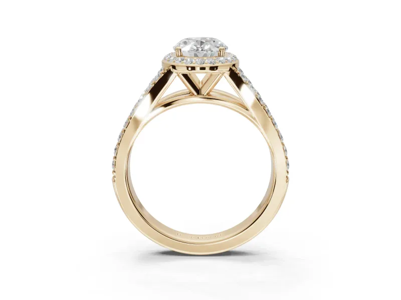 Oval Halo Pavé Engagement Ring Setting | Narrow Split Shank | Yellow Gold