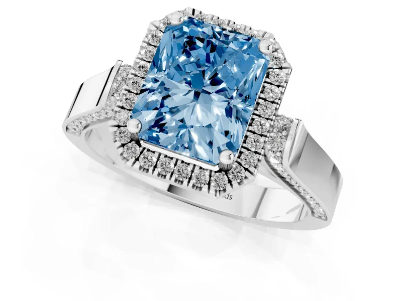 Radiant Cut Halo Engagement Ring Setting for a Fancy Blue Lab-Grown Diamond | Pavé Panel Shoulders | Sterling Silver