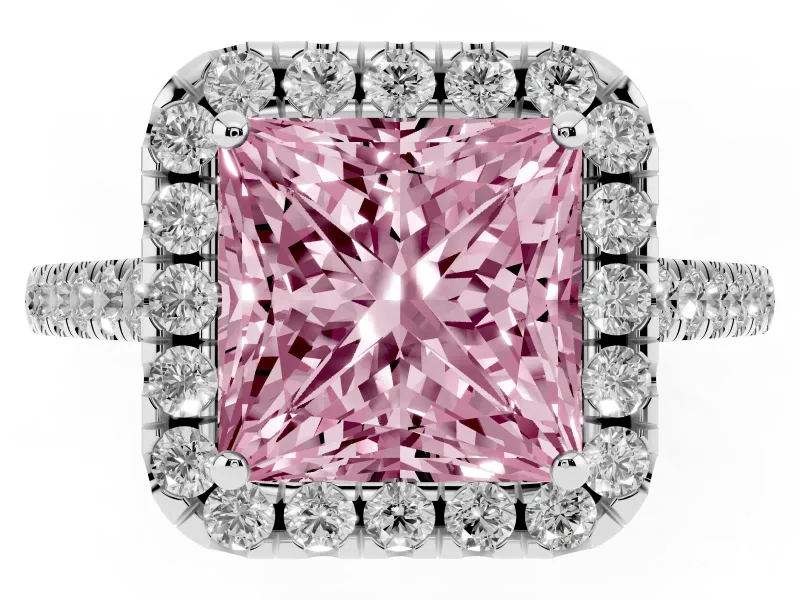 Princess Cut Halo Engagement Ring Setting for a Fancy Pink Lab-Grown Diamond | Pave Shoulders | Platinum