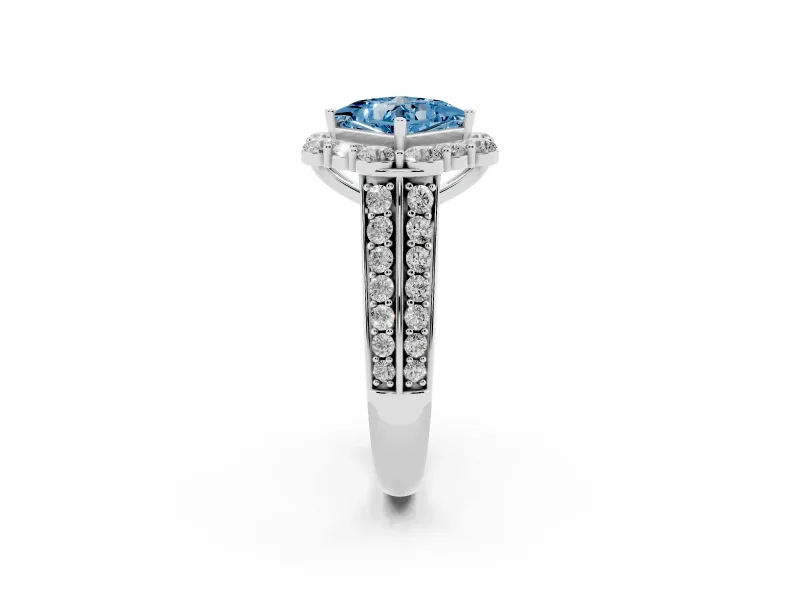 Fancy Blue Princess Cut Diamond Halo Engagement Ring Set in Platinum with Split Shank and Prong Setting
