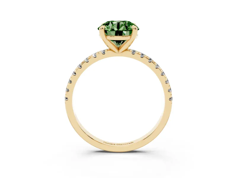 Fancy Green Round Cut Diamond Brilliant Solitaire Ring Set in Yellow gold with Pavé Band and Prong Setting