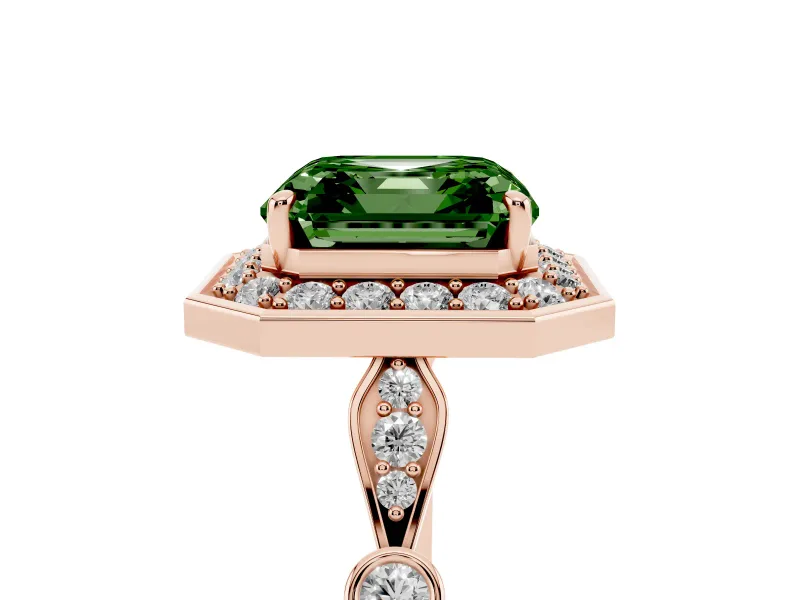 Asscher Cut Halo Engagement Ring Setting for a Fancy Green Lab-Grown Diamond | Bezel Station Shoulders | Rose Gold