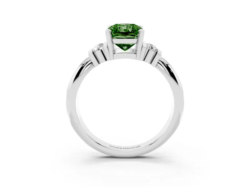 Fancy Green Three-Stone Radiant Cut Diamond Channel Set Ring Set in Platinum with Bar Prongs