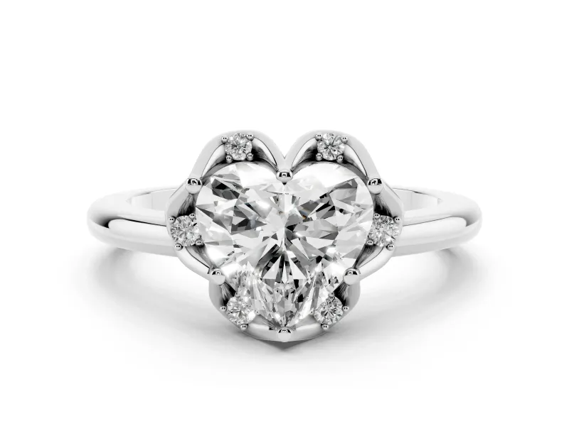 Heart Cut Diamond Round Cluster Halo Ring Set in Platinum with Solitaire Band and Prong Setting