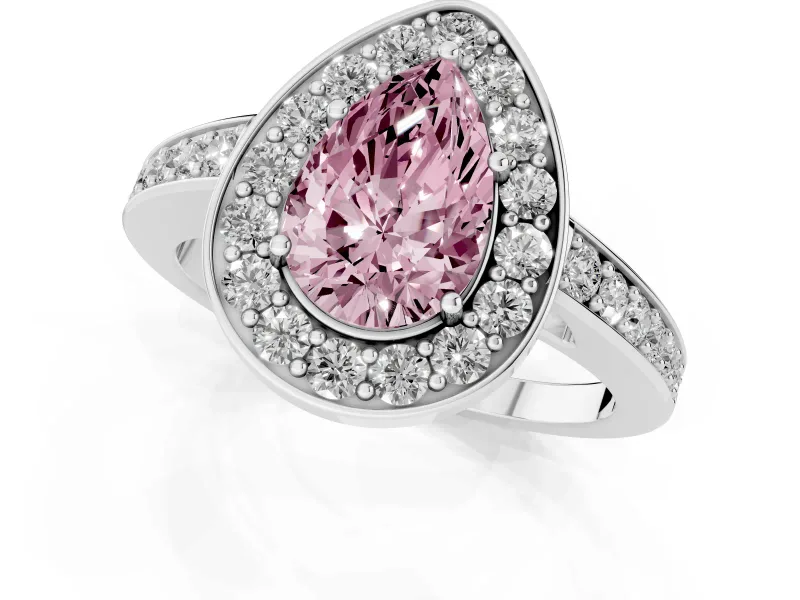 Fancy Pink Pear Cut Diamond Halo Pavé Engagement Ring Set in Platinum with Bezel Setting
