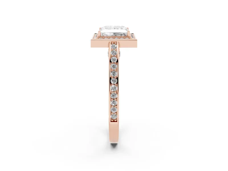 Princess Cut Diamond Halo Pavé Split Shank Ring Set in Rose gold with Prong Setting