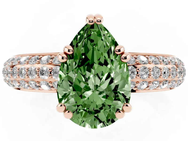 Pear-Shaped Three Row Pave Engagement Ring Setting for a Fancy Green Lab-Grown Diamond | Rose Gold