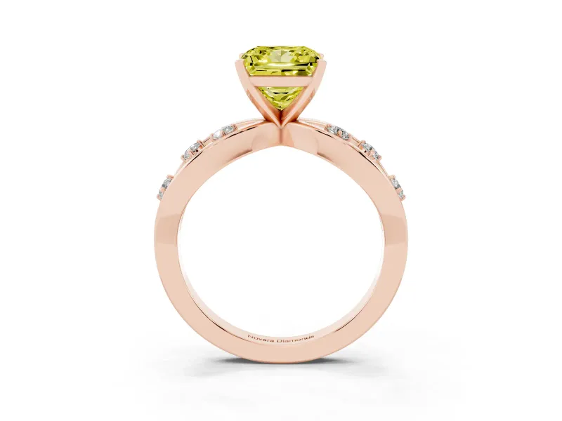 Fancy Yellow Princess Cut Diamond Solitaire Ring Set in Rose gold with Side Stones on Criss-Cross Band and Prong Setting
