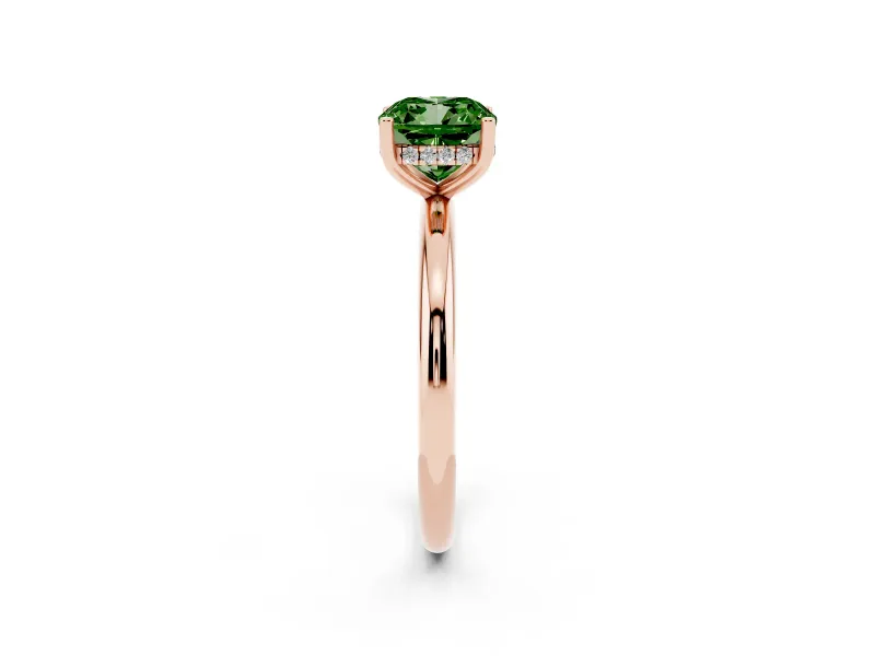 Fancy Green Cushion Cut Diamond Solitaire Engagement Ring Set in Rose gold with Prong Setting and Polished Band