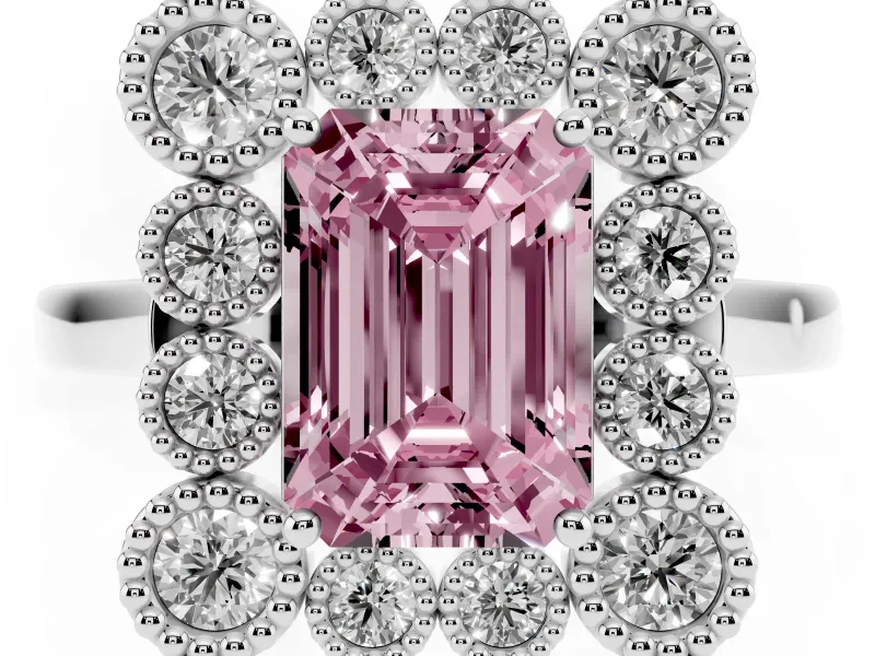 Emerald Cut Milgrain Cluster Halo Engagement Ring Setting for a Fancy Pink Lab-Grown Diamond | Plain Band | Platinum