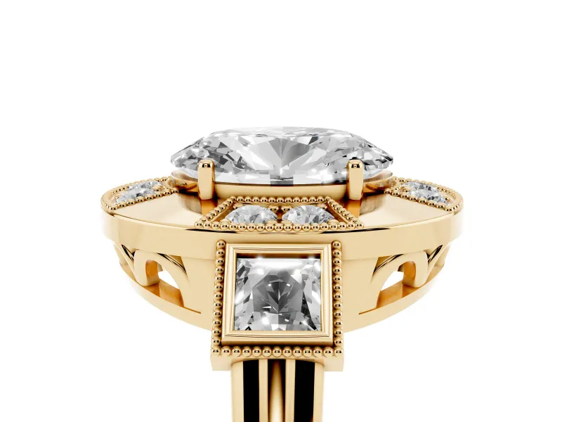 Oval Milgrain Sectioned Halo Engagement Ring Setting | Square-Framed Sides | Yellow Gold