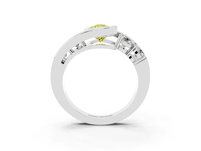 Fancy Yellow Pear Cut Diamond Bezel Bypass Ring Set in Platinum with Round Accents