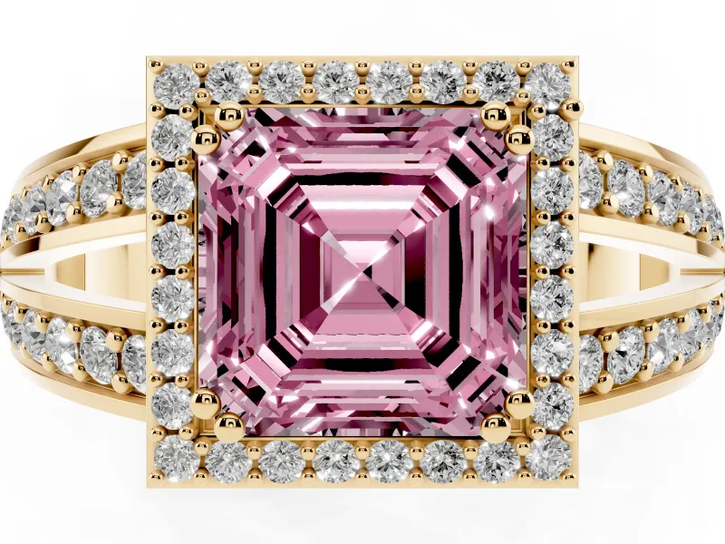 Asscher Cut Halo Engagement Ring Setting for a Fancy Pink Lab-Grown Diamond | Two-Row Pave Split Shank | Yellow Gold