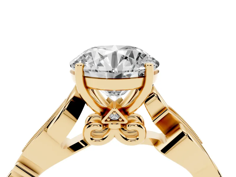 Round Vintage Vine Solitaire Engagement Ring Setting | Milgrain Leaves | Yellow Gold