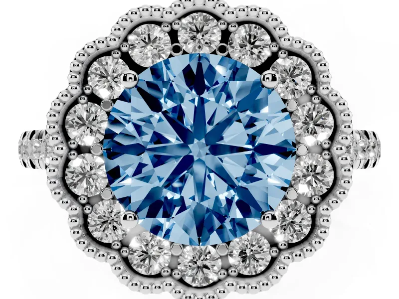 Fancy Blue Round Cut Diamond Milgrain Floral Halo Engagement Ring Set in Platinum with Pavé Band