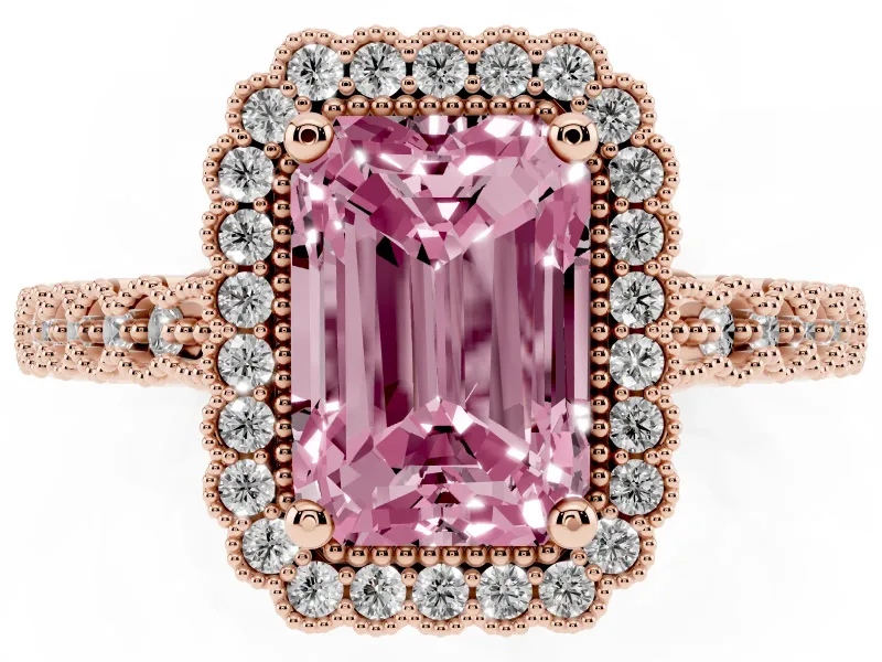 Radiant Cut Milgrain Halo Engagement Ring Setting for a Fancy Pink Lab-Grown Diamond | Beaded Shoulders | Rose Gold